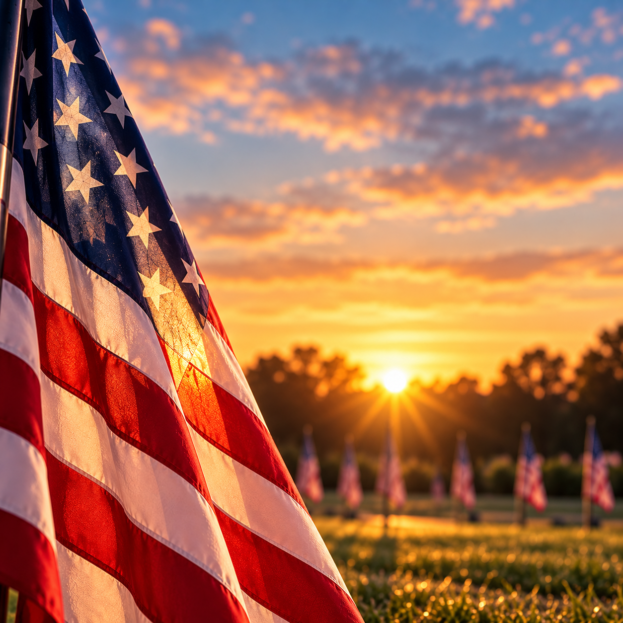 American flag at a golden sunrise for Veterans Day