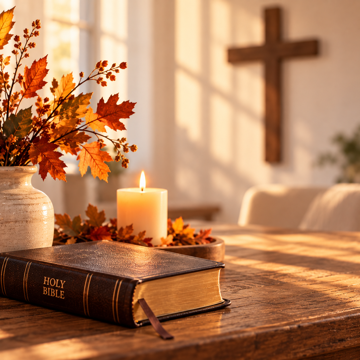 Autumn table with a Bible, candle and fall leaves for Thanksgiving