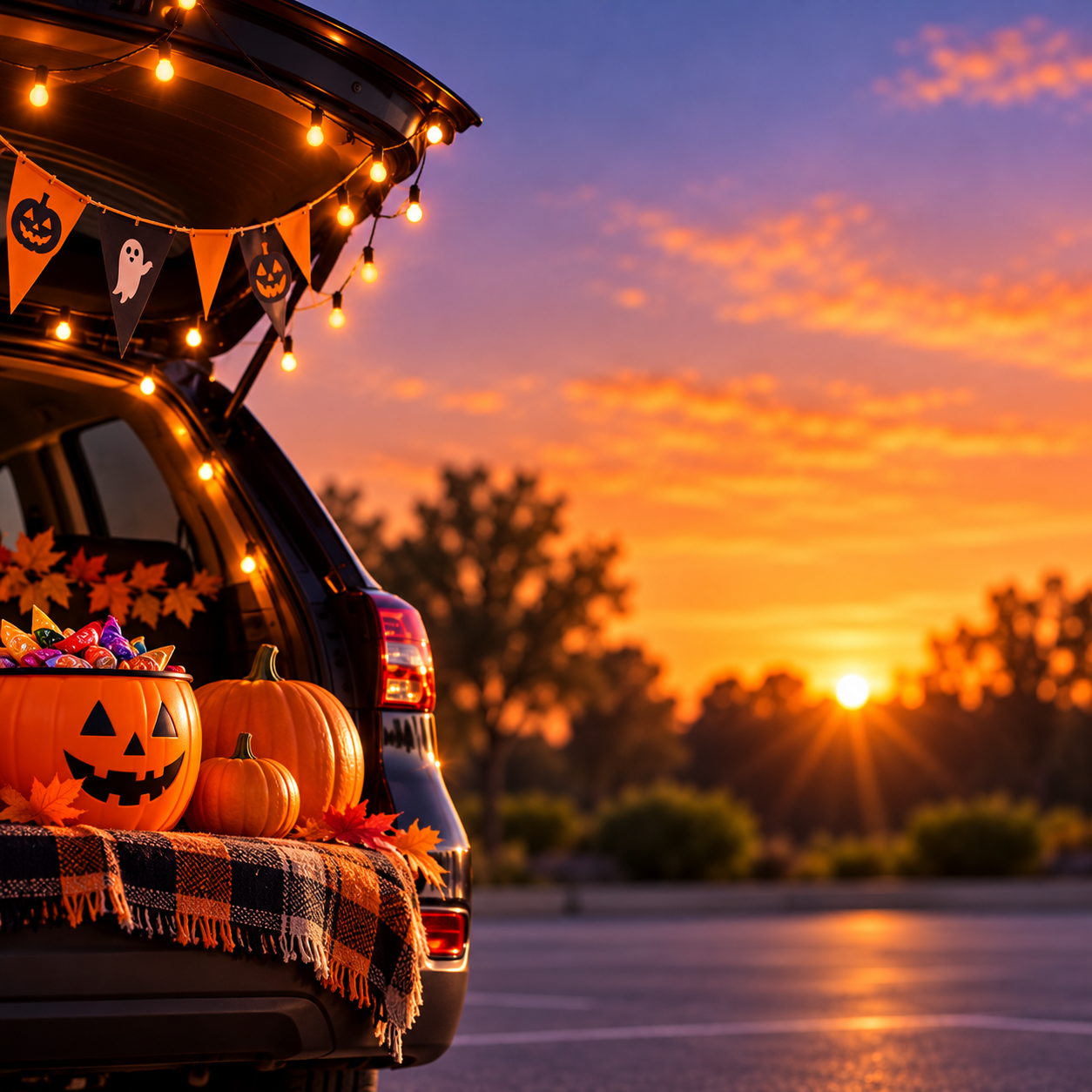 Decorated car trunks with pumpkins at sunset for Trunk or Treat