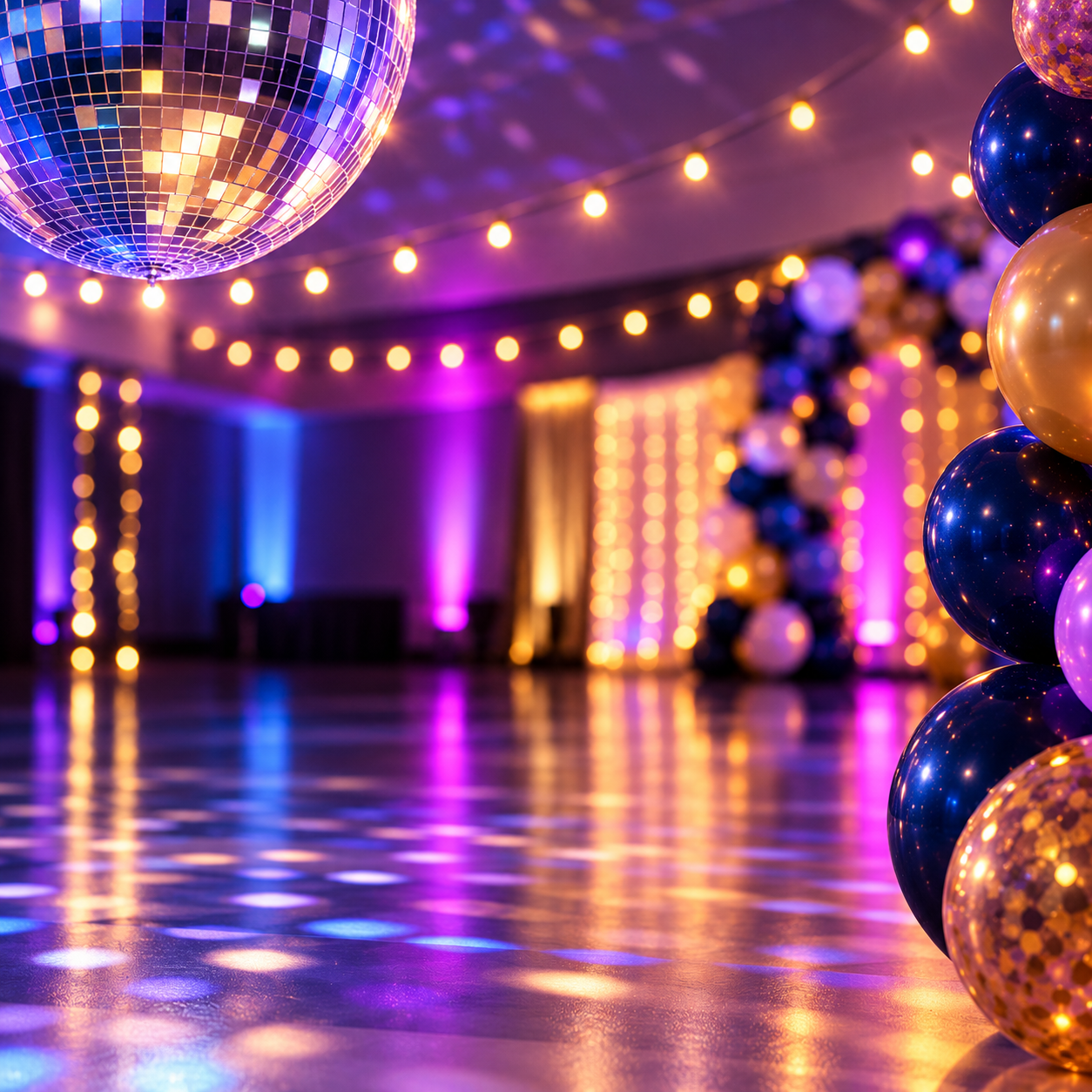 Disco ball over a dance floor for the Middle School Dance