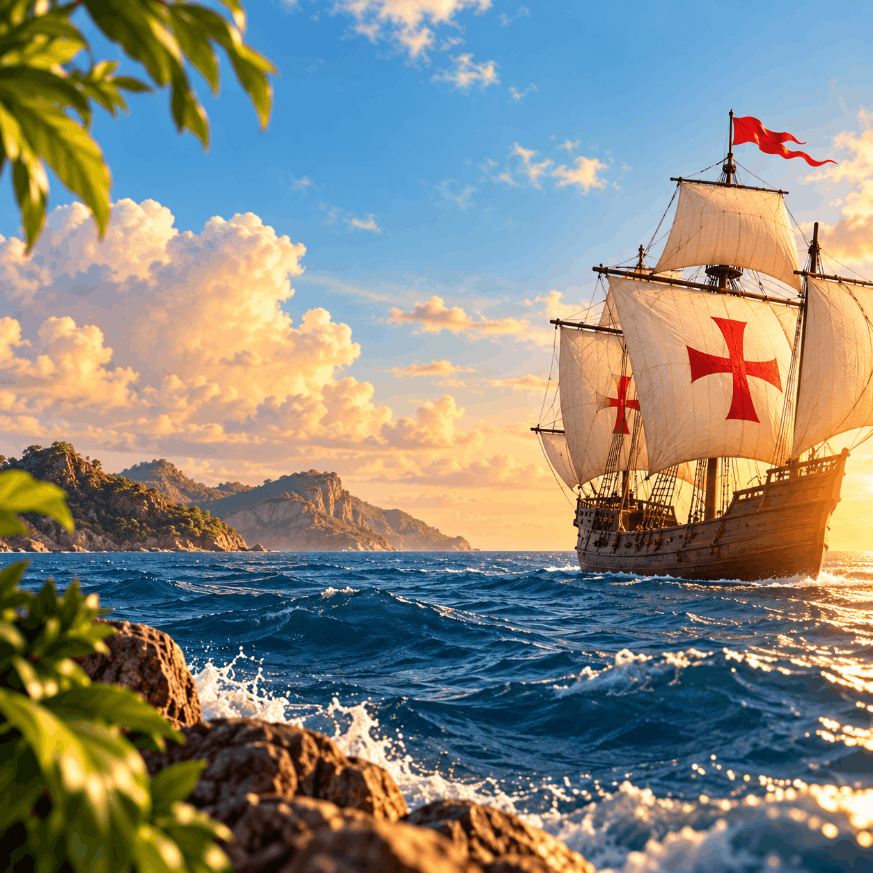 Sailing ship on the ocean at sunset for Columbus Day