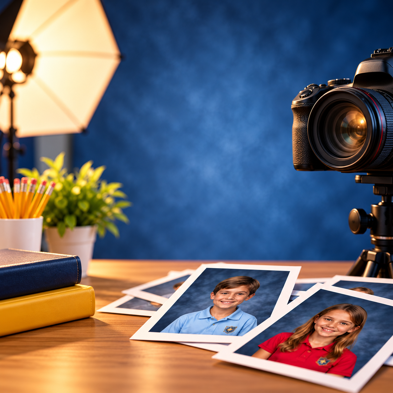 Photography studio setup with a camera and backdrop for school Picture Day