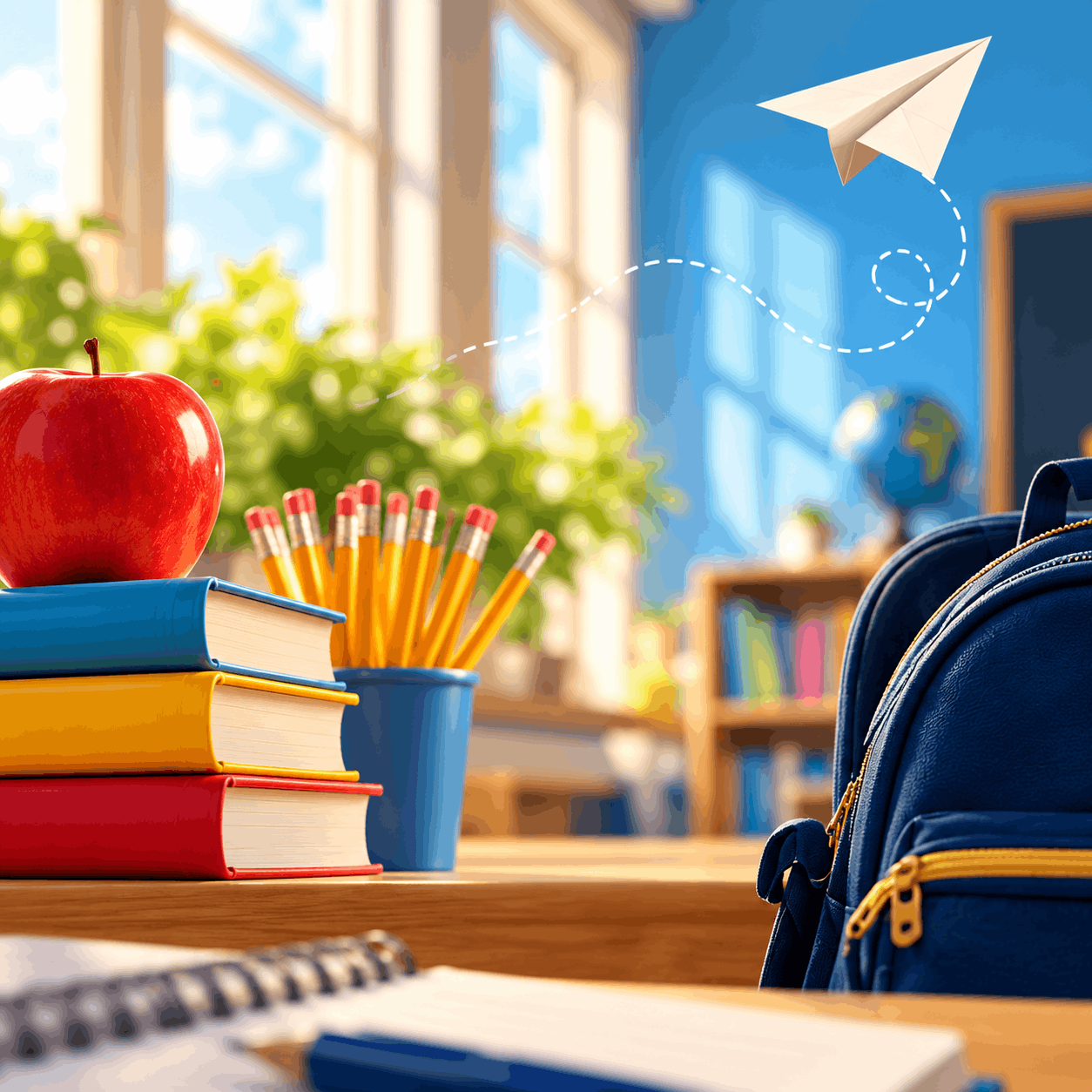 Sunlit classroom desk with books, pencils, an apple and a paper airplane