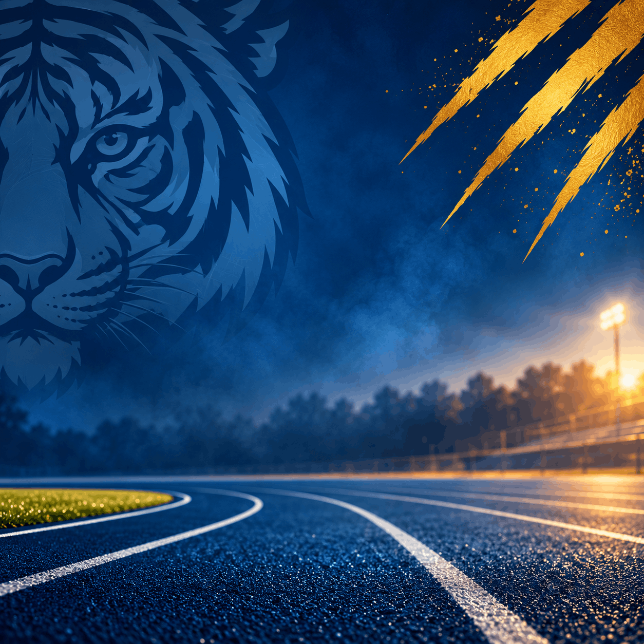 Tiger over a running track at night for the Tiger Trot fundraiser