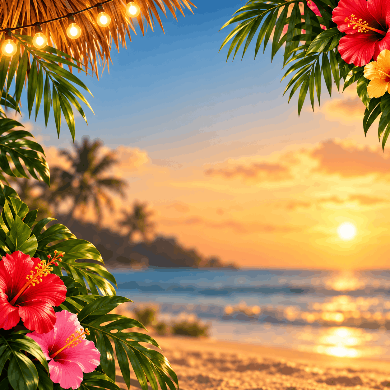 Tropical sunset beach with hibiscus flowers and string lights for the Luau Parents Night Out