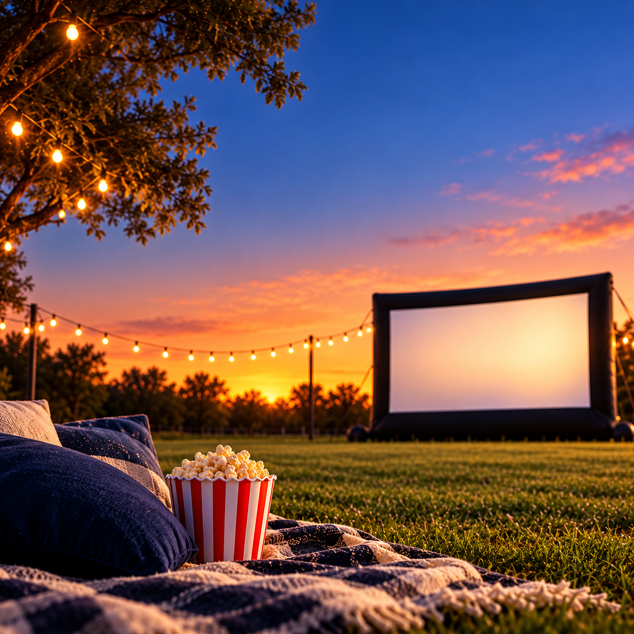 Outdoor movie screen on a lawn at twilight for Movie Night on the Field